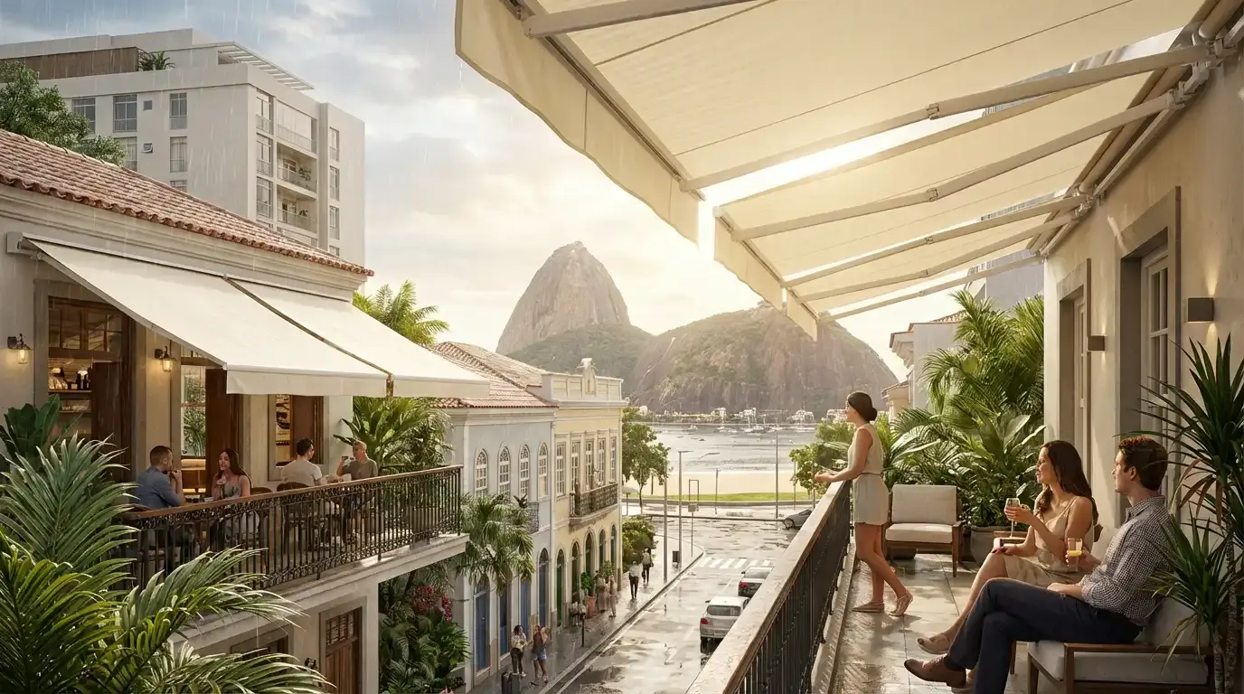 Toldos articulados em Botafogo: mais controle, conforto e uso inteligente dos espaços